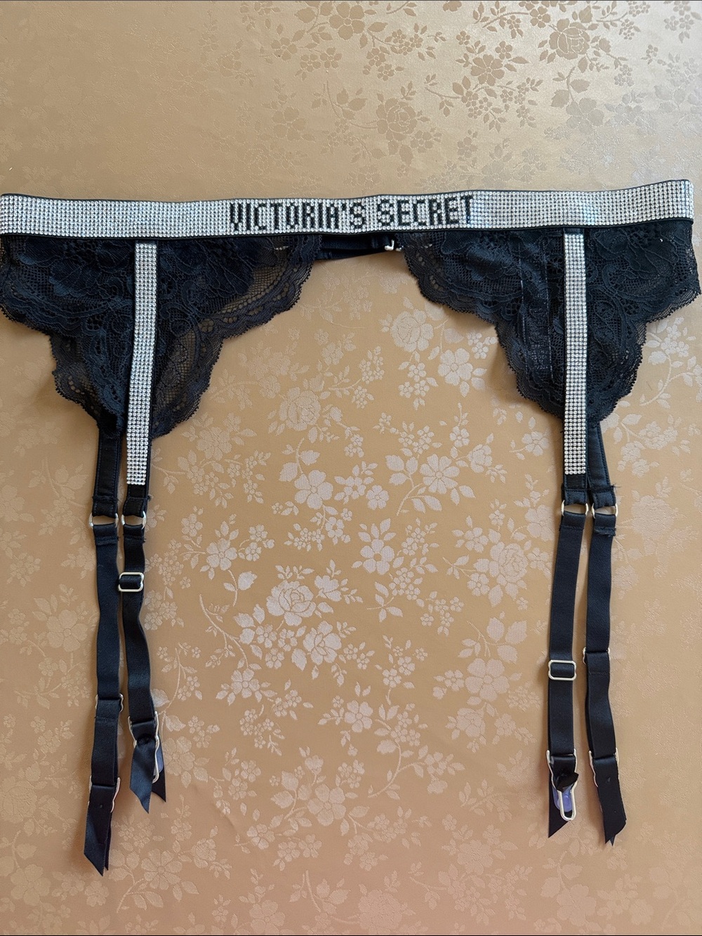 Victoria's Secret Black Lace Garter Belt with Crystal Trim